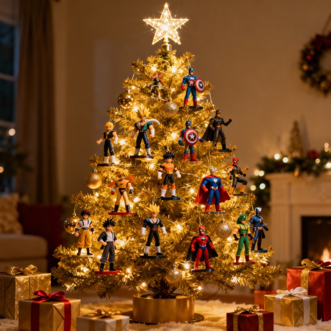 一棵装饰华丽的圣诞树，树上挂着各种人物手办作为装饰品，手办造型多样，有动漫角色、超级英雄等，树顶有闪亮的星星，周围散落着礼物盒，整体氛围温馨喜庆，充满节日气息预览效果