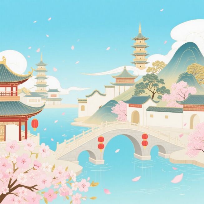 中国古代建筑、无人、灯笼、桥梁、信箱、山、建筑、樱花、花瓣、宝塔。蓝天白云预览效果