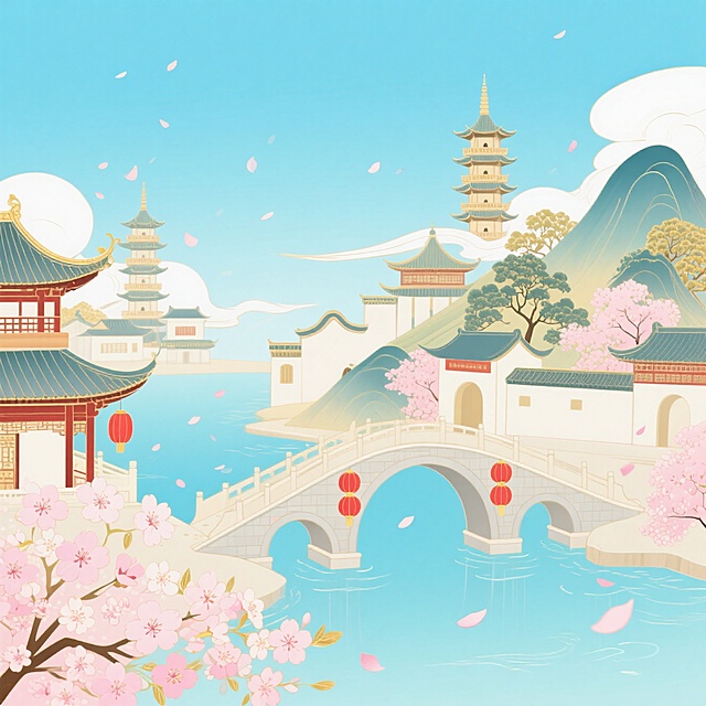 新国风插画，清新唯美，浪漫樱花点缀，桥塔相映，节日氛围浓厚