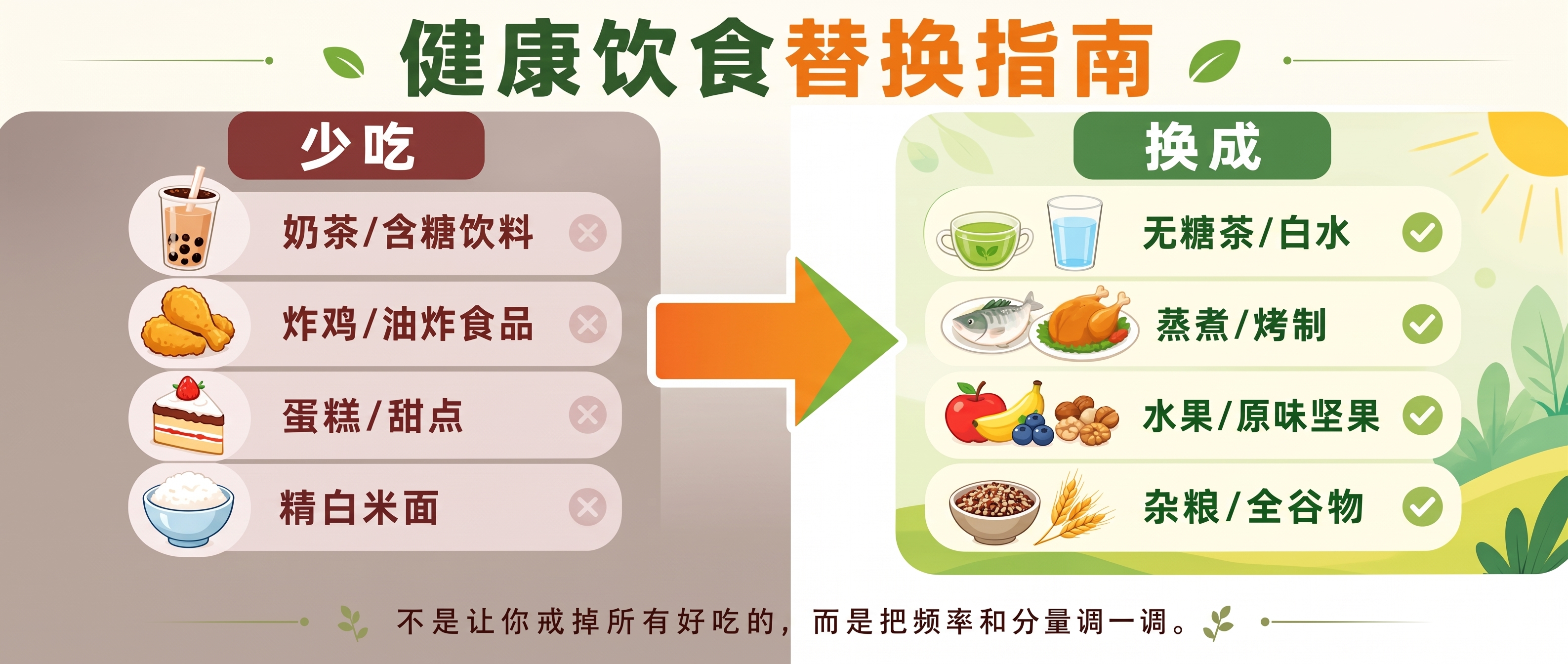 左边背景改成暖灰色，不要工厂；健康饮食替换指南字体变成现在的2… - 图片创意预览