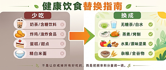 左边背景改成暖灰色，不要工厂；健康饮食替换指南字体变成现在的2/3；替换和圆圈去掉，直接用肩头代替