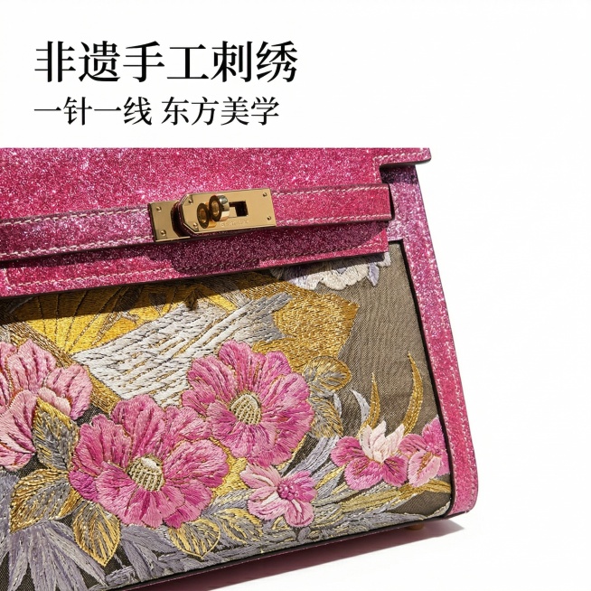1:1竖版电商主图，商业级微距摄影，严格还原产品国风花卉刺绣细节，保持玫红闪钻凯莉包整体产品特征，8K超清，极致锐利，专业影棚布光，纯白色背景(Hex #FFFFFF)，无阴影。聚焦包身正面的国风花卉预览效果