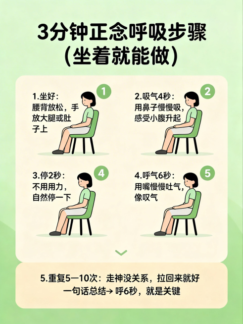 简约清爽风格海报，主色调为柔和绿色加暖米色。标题"3分钟正念呼吸步骤（坐着就能做）"使用大黑体，正文使用圆润黑体。操作步骤：1. 坐好：腰背放松，手放大腿或肚子上。2. 吸气4秒：用鼻子慢慢吸，感受小预览效果