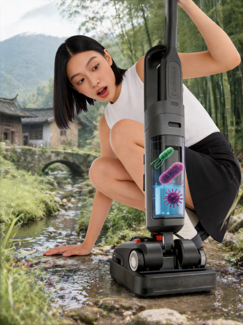 参考图1的户外自然溪边场景风格，给图2的洗地机和女模特添加户外自然溪边场景背景，保留图2所有人物和产品内容不变，不添加任何文案，只更换场景，整体风格高端自然，符合清洁家电品牌调性，匹配图1的清新自然户预览效果