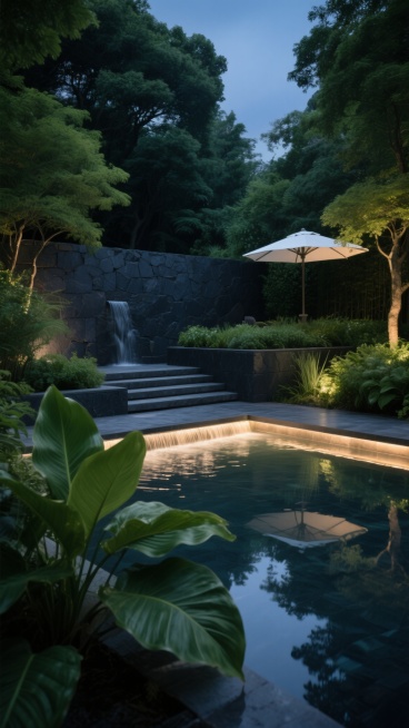 夜晚的庭院水景，茂密的深绿色树木与绿植环绕，深色石墙背景，阶梯式水池中水流缓缓，底部有柔和的灯光照亮水面并形成倒影，前景有宽大的绿色叶片植物，远处墙边隐约可见白色遮阳伞，整体氛围宁静雅致，光影对比柔和，写实风格，高清晰度，自然的色彩和谐。预览效果