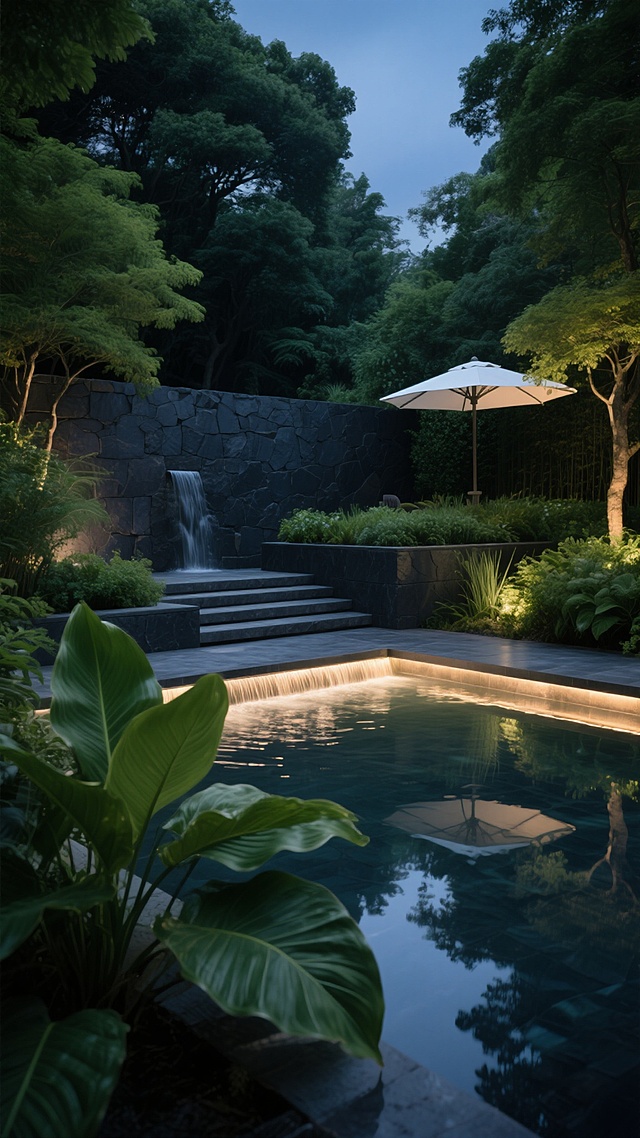 夜晚的庭院水景，茂密的深绿色树木与绿植环绕，深色石墙背景，阶梯式水池中水流缓缓，底部有柔和的灯光照亮水面并形成倒影，前景有宽大的绿色叶片植物，远处墙边隐约可见白色遮阳伞，整体氛围宁静雅致，光影对比柔和，写实风格，高清晰度，自然的色彩和谐。