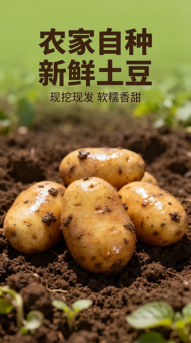[主图 1] 农家自种新鲜土豆原生态农耕风首图
[氛围风格] 自然原生态农耕风，真实田园氛围感
[画质] 商业摄影质感，光线柔和通透，产品清晰真实，画面干净高级
[元素] 新鲜带泥土的土豆放置在肥沃黑土地中，几颗完整土豆居中摆放，表面沾满湿润泥土，保持土豆外观（物理结构、材质质感、颜色）与输入产品图绝对一致，杜绝任何变形和色差，精细化处理。商品主体占比严格控制在60%-80%之间，前景有少许嫩绿土豆秧苗点缀，背景是模糊的绿色田园，景深效果自然，画面满屏无边框。
[光影] 自然光从侧面照射，泥土和土豆表面形成自然高光，阴影柔和通透，整体光影温暖自然，突出新鲜质感。
[配色] 主色调为泥土褐色+田园绿色，延续参考图绿褐配色方案。
[视角构图] 平视特写视角，浅景深突出土豆主体，轮廓完整不裁切。
[文字版式] 顶部负空间居中对齐留安全边距，主标题 "农家自种 新鲜土豆" 深褐色最大号粗体无衬线，副标题 "现挖现发 软糯香甜" 约半高同色，文字不遮挡土豆主体。
[比例分辨率] 9:16 比例，2k 分辨率，文字清晰可辨，超高清。
[负向提示词] 变形，水印，文字错乱，产品图模糊，背景杂乱，过度修饰