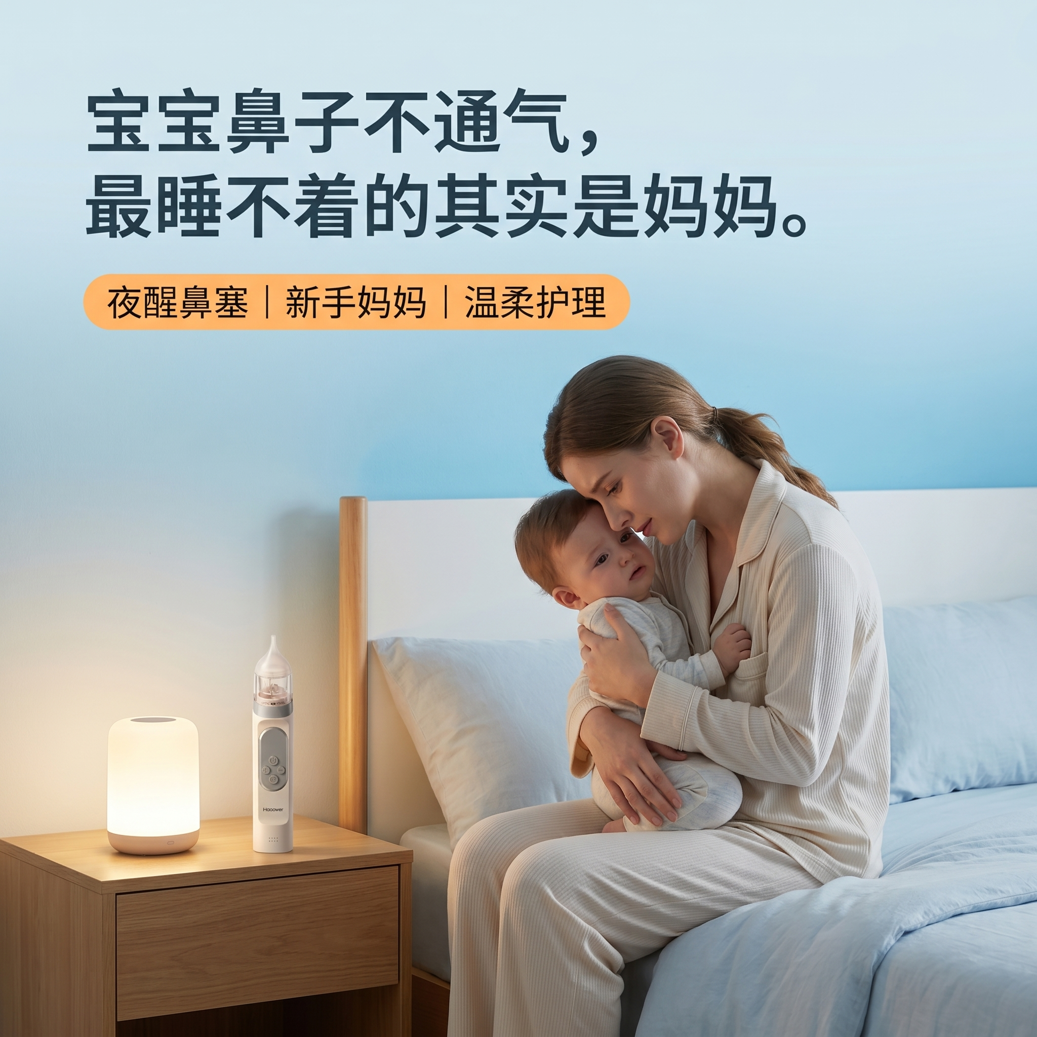温柔夜晚卧室场景，年轻妈妈抱着鼻子不舒服的宝宝，妈妈表情心疼但… - 图片创意预览