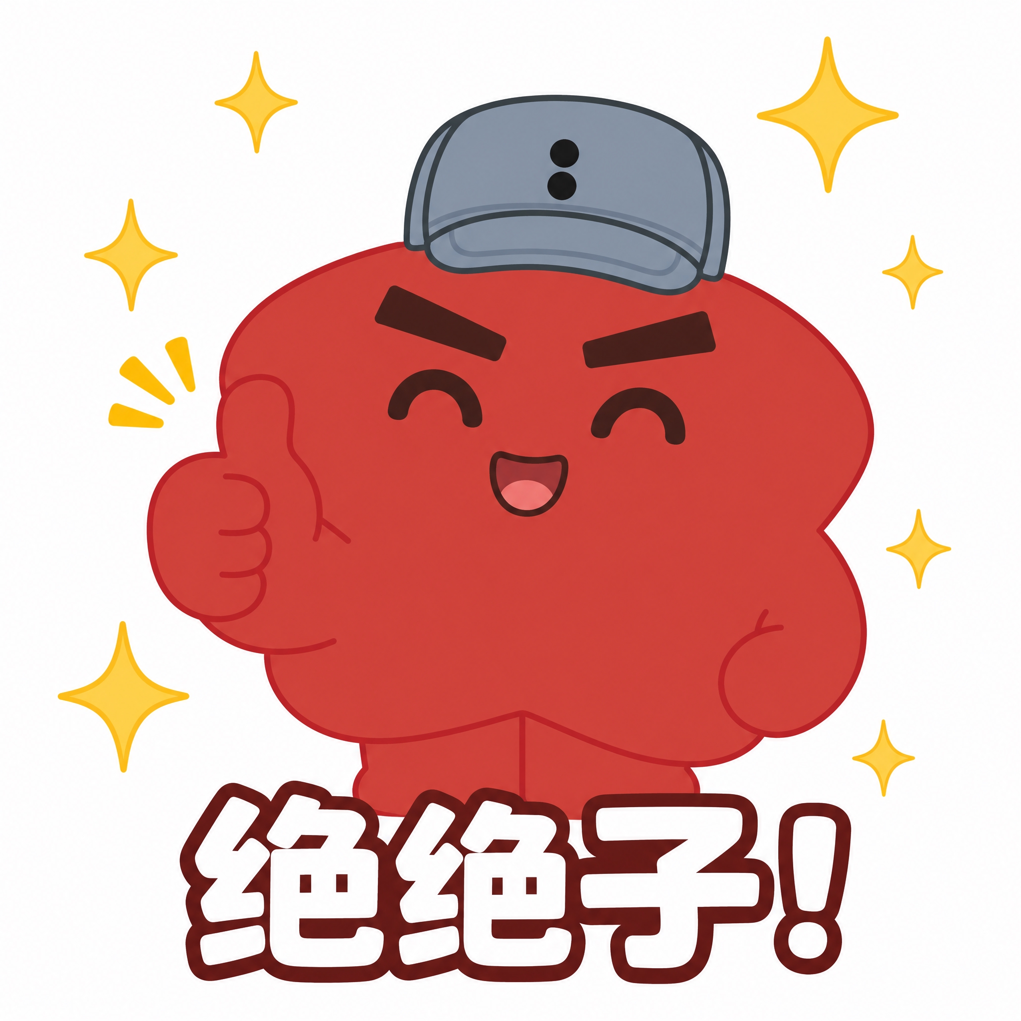 基于参考图中的红色云朵状卡通IP形象（戴灰色棒球帽，浓眉大眼，… - 图片创意预览
