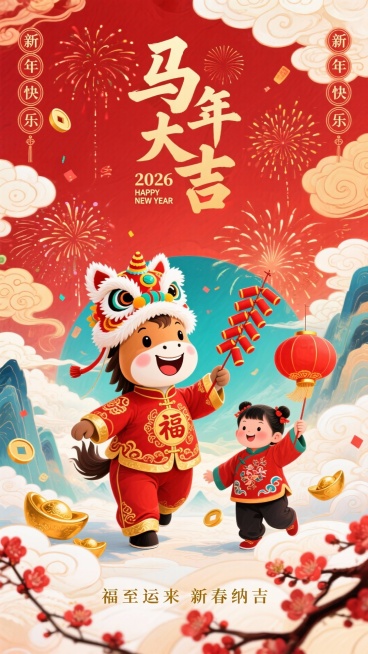 海报，以正红为底色，身着红金吉服的可爱拟人小马（头戴狮头帽，衣饰绣 “福” 纹），小马举串红鞭炮，咧嘴笑露憨态；旁伴持红灯笼的孩童（红衣绣祥云），点缀炸开的烟花、金元宝、红梅花、卷云纹等吉祥元素；上方预览效果