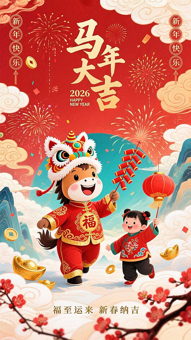 海报，以正红为底色，身着红金吉服的可爱拟人小马（头戴狮头帽，衣饰绣 “福” 纹），小马举串红鞭炮，咧嘴笑露憨态；旁伴持红灯笼的孩童（红衣绣祥云），点缀炸开的烟花、金元宝、红梅花、卷云纹等吉祥元素；上方大字 “马年大吉”，旁配 “2026”“HAPPY NEW YEAR”；左右侧竖排 “新年快乐”；底部一排金色小字 “福至运来 新春纳吉”；整体喜庆热闹，传递马年闹春迎福的祈愿。