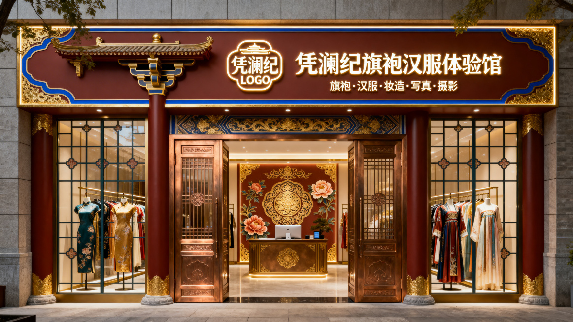 8K超写实高清效果图，西安大唐芙蓉园旁，盛唐宫廷华贵风格，盛唐宫廷风，100㎡店铺，进深10米，门头高1米宽6.4米，赭红+鎏金+宝蓝线条，唐风斗拱简化门头，门头居中镶嵌【凭澜纪LOGO】发光字，右侧预览效果