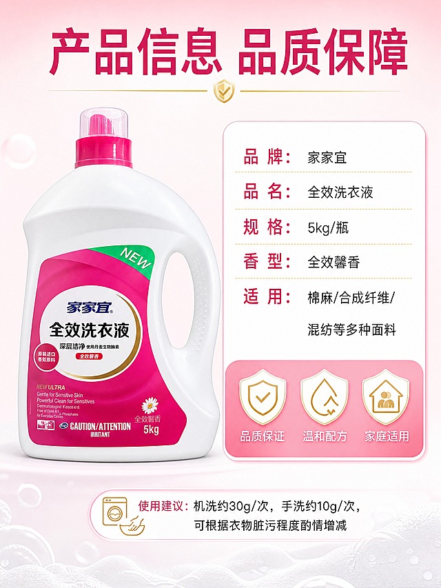 [商品] 使用【图1】家家宜全效洗衣液5kg瓶装；保留白色瓶身、玫红色标签、家家宜Logo、全效洗衣液字样、5kg容量标注、雏菊图案；商品处理：产品正面标准照，位于左侧，标签清晰完整。
[画面] 目标：规格信息页，产品参数、使用说明与品牌保障。构图：左右分栏，左侧产品标准照占画面40%，右侧参数信息卡。景别：中景。前中后景：前景产品，中景信息卡片，背景柔和玫白渐变，底部有轻柔泡沫装饰。
[视觉] 套系策略：风格=清新洁净家庭商业摄影风；标题字=粗黑体大字；正文字=简洁黑体；主色=玫红+白色；背景延展=基于玫红和白色做上下渐变，顶部浅玫红底部白色，细腻洁净质感；强调色=浅金色，仅用于小面积图标和分隔线；标题色=深玫红；正文色=深灰色；组件=圆角参数表格、盾牌保障图标、分隔线；光影=正面柔光，产品清晰无阴影。
[文字] 顶部主标题："产品信息 品质保障"；右侧参数卡："品牌：家家宜"、"品名：全效洗衣液"、"规格：5kg/瓶"、"香型：全效馨香"、"适用：棉麻/合成纤维/混纺等多种面料"；下方3个保障图标："品质保证"、"温和配方"、"家庭适用"；底部小字使用建议："机洗约30g/次，手洗约10g/次，可根据衣物脏污程度酌情增减"。全部文字横向排版，表格清晰易读。
[规格] 图片比例3:4竖版，4K，避免变形、错字、文字过小、虚假权威背书、极限词、瓶身颜色改变、标签文字错乱。
