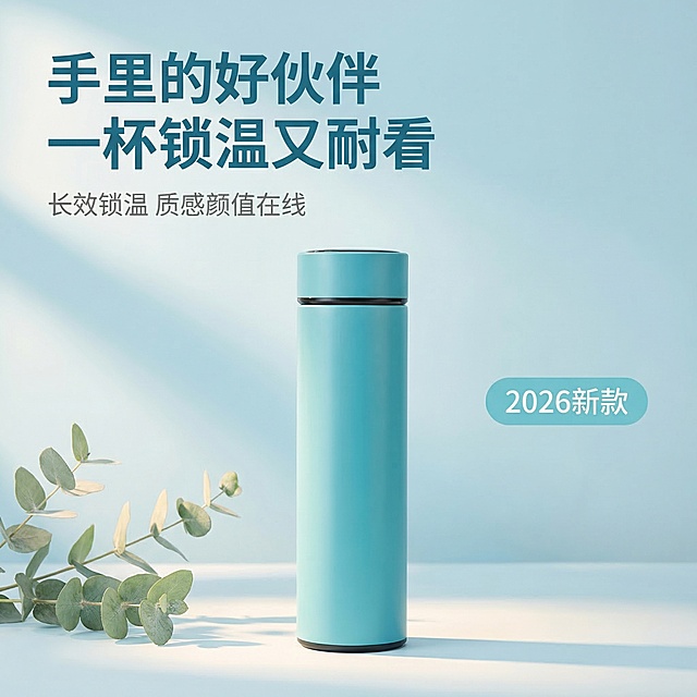 [垫图] https://gdesign-dam-hz.dancf.com/35888363649489957/45fd0913434f4ca3a476065fdd1c5025.jpg
主图主题是优雅蓝保温杯主图首图，氛围风格为舒适简约家居治愈氛围，高清实拍质感，画面元素为：优雅蓝保温水杯居中放置，产品完整展示，主体占比60%，背景为柔和莫兰迪浅蓝纯色家居台面，旁边点缀几株简约绿色尤加利叶，柔和自然光从左侧射入，营造温润细腻光影，背景铺满全屏无边框。配色色系为主色调产品优雅青蓝色，辅助色浅蓝背景浅绿植物，视角构图为平视拍摄，景深适中，视觉中心聚焦产品。文字版式：主标题“手里的好伙伴 一杯锁温又耐看”，副标题“长效锁温 质感颜值在线”，左上角主标题，字体为柔和无衬线体，颜色为深青蓝色，字号大；副标题在主标题下方，字号为一半，浅灰色；右侧浅青蓝色圆角胶囊标签标注“2026新款”，白色字体；整体布局平衡通透，信息层级清晰，不遮挡产品主体。产品外观与原图保持一致，风格统一，舒适简约治愈。