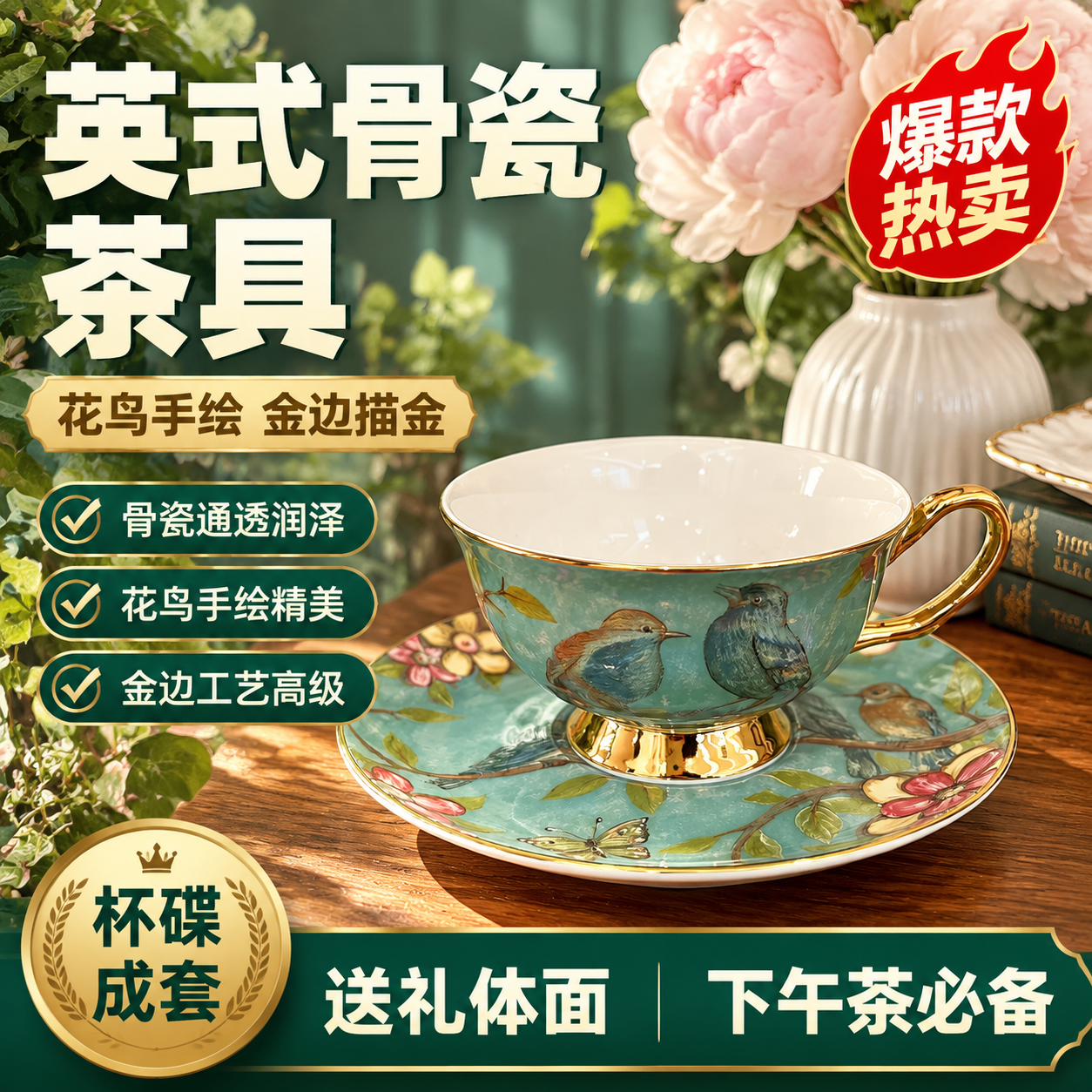 拼多多电商主图，英式骨瓷花鸟茶杯茶托套装首图，大字直白性价比风… - 图片创意预览