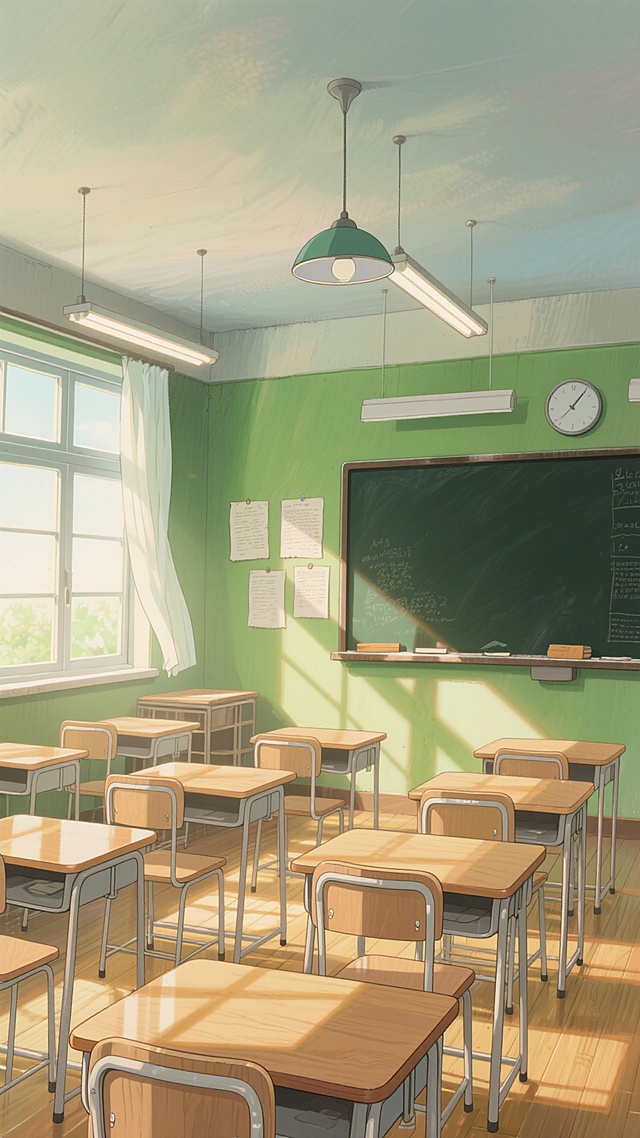 宫崎骏风格插画，明亮通透的教室内部，木质课桌椅整齐排列，前方黑色黑板，绿色墙壁挂着纸张，多扇窗户透入温暖阳光形成光束，木地板反射光影，吊灯与长条灯照明，整体氛围宁静治愈，手绘质感，柔和色彩，细腻笔触，童话般温馨场景，无文字信息。