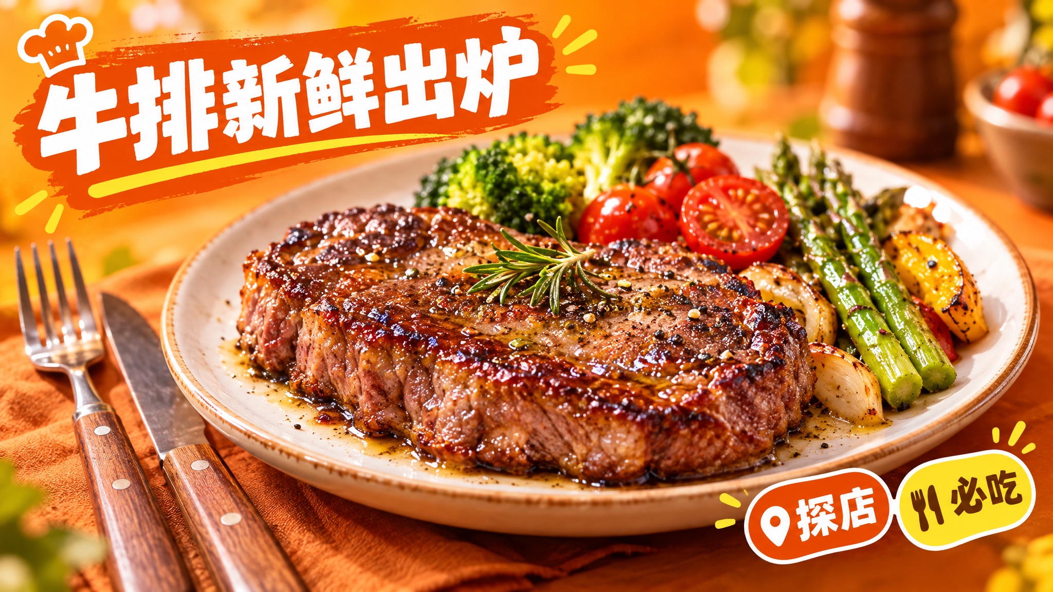 活力美食风格，暖橙色背景，画面中心是一盘色泽诱人的牛排，牛排表… - 图片创意预览