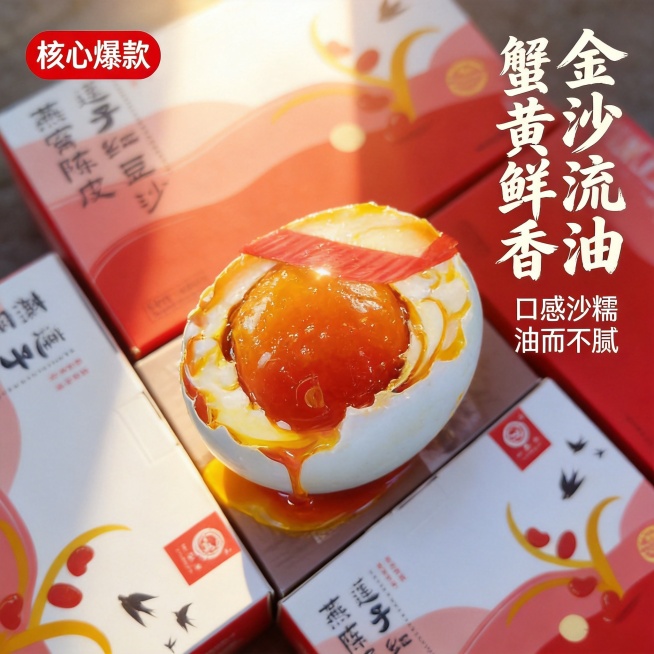 [主图-2] 端午节礼盒套餐核心产品亮点展示。
[氛围风格] 端午国风真实食欲感；
[画质] 商业摄影质感，光线柔和通透，产品清晰真实，画面干净高级。
[元素] 单独切开流油海鸭蛋放在画面中心，油汁自预览效果