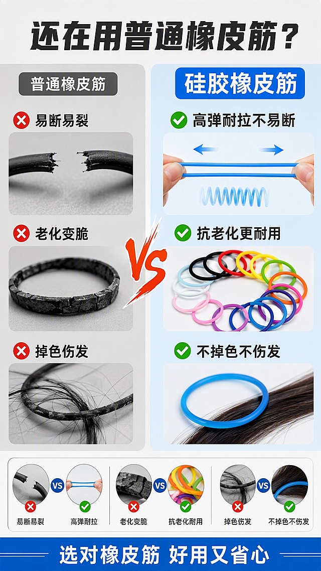 [第2张] 详情页痛点对比-普通橡皮筋vs硅胶橡皮筋效果对比页。本张使用【图1】中硅胶橡皮筋作为右侧解决方产品展示。
[氛围/风格] 1688工业风，专业对比感，左右分栏清晰，结果导向，商业摄影质感。
[元素布局] 左右分栏对比构图。左侧痛点区（占40%）：灰色调处理，展示普通橡皮筋断裂、老化变脆、掉色粘头发的场景，配断裂的橡皮筋特写。右侧解决区（占60%）：明亮色调，展示彩色硅胶橡皮筋整齐排列，旁边有拉伸回弹的动态示意，体现高弹耐用。中间用VS标识分隔。底部有3组对比图标。
[光影质感] 左侧痛点区光线偏暗偏冷灰，右侧解决区明亮温暖，主光从右上方照射硅胶圈，表面有高光体现弹性，整体对比鲜明。
[配色色系] 全局底色 #F5F5F5 浅灰；左侧痛点区 #E0E0E0 冷灰调；右侧解决区 #E3F2FD 浅蓝背景；主色 #1976D2 工业蓝；强调色 #FF5722 橙红。
[视角构图] 左右分栏对比构图，阅读动线从左到右，从上到下。
[文字版式] 顶部通栏标题"还在用普通橡皮筋？"，粗黑体深灰色大字号。左侧痛点区上方小字"普通橡皮筋"，下方3个痛点竖排："易断易裂"、"老化变脆"、"掉色伤发"，每个配红色小叉图标。右侧解决区上方大字"硅胶橡皮筋"，下方3个卖点竖排："高弹耐拉不易断"、"抗老化更耐用"、"不掉色不伤发"，每个配绿色对勾图标。底部信息条写"选对橡皮筋 好用又省心"。
[比例分辨率] 9:16 竖版比例，4K分辨率，文字清晰可辨，高清画质。
[负向提示词] 变形，水印，文字错乱，文字过小，产品图模糊，背景杂乱，平台Logo，夸张恐吓。