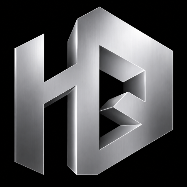 将这个H立体几何logo修改为纯黑色背景，logo图形改为银色金属质感，保持原有的立体透视结构不变，输出高清logo图片预览效果