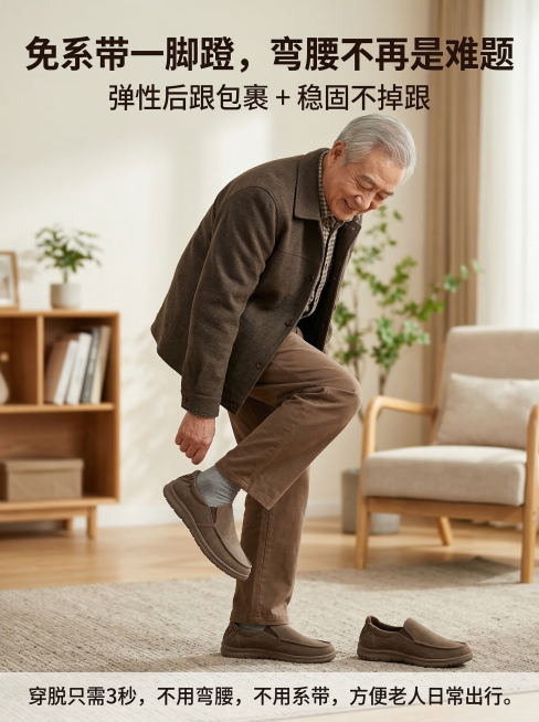 便捷穿脱卖点展示，场景图，一位老人站立着，脚轻轻伸进这款中老年男士布鞋，手不需要触碰鞋跟，鞋子后跟有弹性包裹设计，动作流畅自然，体现轻松便捷，主标题文字"免系带一脚蹬，弯腰不再是难题"，副标题文字"弹预览效果