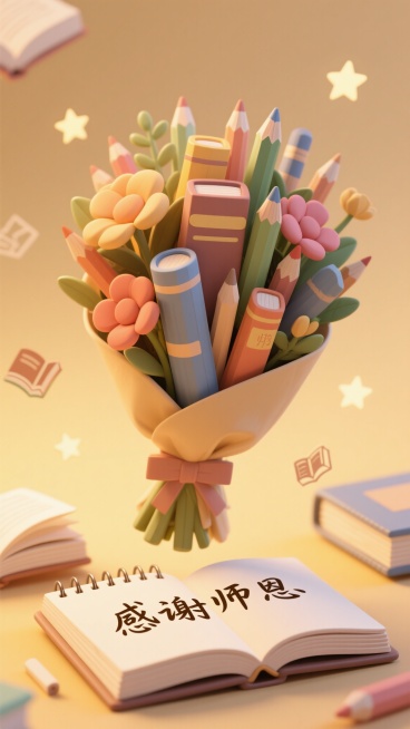 教师节创意海报，画面中心是一束由书籍和粉笔组成的立体花束，花束下方有一本翻开的笔记本，上面用手写体写着“感谢师恩”，背景是柔和的暖黄色光晕，点缀着漂浮的星星和书本图案，整体风格温馨治愈，充满书卷气预览效果