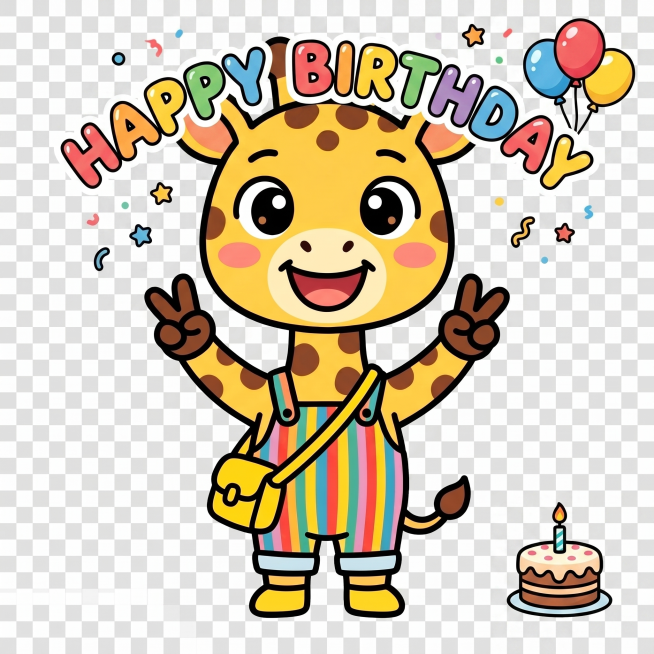 保持这只可爱长颈鹿的形象，做一个生日快乐祝福的表情包，卡通风格，透明背景预览效果