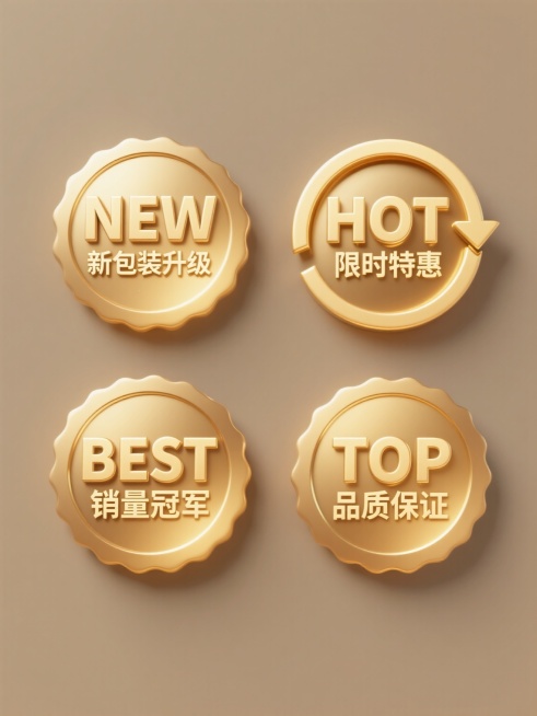 四个金色圆形徽章规整排布在纯色背景上，每个徽章保持相同的3D立体金属质感、渐变金色调、高光与阴影细节，以及右侧带箭头的环形装饰；第一个徽章内有"NEW"字样和"新包装升级"中文，第二个徽章内有"HOT"字样和"限时特惠"中文，第三个徽章内有"BEST"字样和"销量冠军"中文，第四个徽章内有"TOP"字样和"品质保证"中文，所有文字均为金色立体字体，整体风格统一且保持促销标签的类目特征。预览效果
