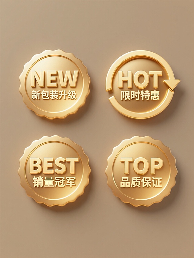 四个金色圆形徽章规整排布在纯色背景上，每个徽章保持相同的3D立体金属质感、渐变金色调、高光与阴影细节，以及右侧带箭头的环形装饰；第一个徽章内有"NEW"字样和"新包装升级"中文，第二个徽章内有"HOT"字样和"限时特惠"中文，第三个徽章内有"BEST"字样和"销量冠军"中文，第四个徽章内有"TOP"字样和"品质保证"中文，所有文字均为金色立体字体，整体风格统一且保持促销标签的类目特征。