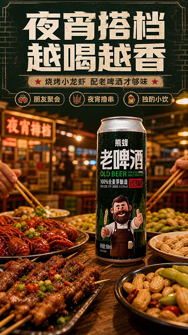 [商品] 使用【图1】熊蜂老啤酒500ml罐装；保留罐体所有包装文字、颜色、Logo和卡通形象；罐体结构比例完全保真。
[画面] 目标：市井排档夜宵场景种草，产品与美食搭配。构图：产品罐身立在木质餐桌上，占画面约35%；旁边摆放烤串、小龙虾、花生毛豆等夜宵美食，几双筷子正在夹菜；背景虚化的夜市排档暖光灯笼、烟火气升腾；傍晚/夜晚氛围，暖黄灯光打在产品和食物上；单场景沉浸型，真实生活化场景；前中后景：前景食物、中景产品+美食、后景排档环境虚化。
[视觉] 套系策略：风格=复古怀旧商业精修，老啤酒馆烟火气；标题字=粗黑体带复古衬线气质，厚重有力；正文字=简洁黑体；主色=深墨绿；背景延展=基于深墨绿做深浅层级、同色渐变、木纹/旧砖墙质感；强调色=暖金色+复古红，仅用于小面积图标、引线、标签和局部光效；标题色=米白色；正文色=浅米黄；组件=圆角深底信息卡、细金线引线、复古印章式标签；光影=暖黄顶光+侧光，食物有油亮光泽，罐身有环境光反射。
[文字] 顶部主标题"夜宵搭档 越喝越香"，副标题"烧烤小龙虾 配老啤酒才够味"；配3个场景标签："朋友聚会"、"夜宵撸串"、"独酌小饮"；文字区在顶部，不遮挡产品和美食主体；所有文字横排。
[规格] 图片比例9:16竖版，4K，负向提示：避免食物失真、文字过小、人物脸部出现、罐体变形、包装文字错乱、低俗场景、绝对化用语。