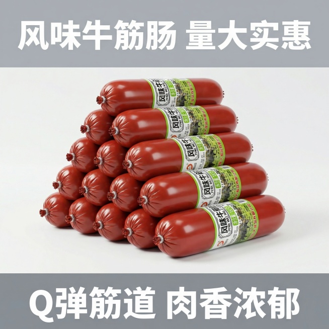 我的产品是牛筋肠，帮我做10张主图产品堆积起来突出产品多预览效果