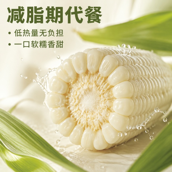 [主图-2] 白糯玉米核心卖点展示，突出减脂代餐优势。[氛围风格] 自然清新，干净清爽，突出健康属性。[画质] 商业摄影质感，光线柔和通透，产品清晰真实，画面干净高级。[元素] 保持白糯玉米外观、颗粒预览效果