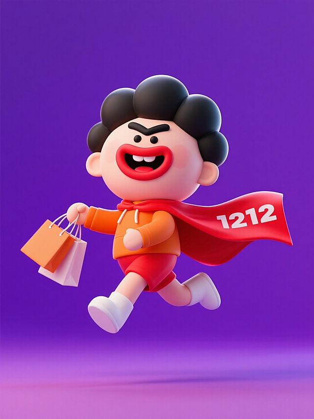 软3D卡通风格，萌趣角色披红斗篷飞跃，手提购物袋，充满喜庆与促销感，动漫风设计传递双十二节日狂欢氛围。