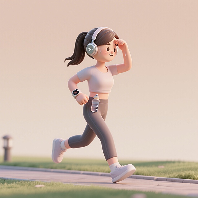 趣味3D插画风格，C4D渲染，OC渲染，Blender建模，柔软光线，马卡龙色系，极简纯色背景，泡泡玛特盲盒质感，光滑黏土材质，影棚打光，8k分辨率，超细节，人物居中或半身，场景在周末公园步道，一位温和从容年轻女性长发扎成低马尾，穿着舒适休闲运动服，匀速慢跑步伐节奏稳定，表情平静专注呼吸有节奏但不急促，用手臂轻轻擦额头汗，嘴角带一丝满足微笑，手腕上运动手环显示心率稳定在130，她低头看一眼满意继续向前，腰间小水壶喝了几口，耳机里听着舒缓音乐帮助保持步伐，极简纯色背景，杏色渐变，整体氛围平静专注，稳健漫步者中耐力