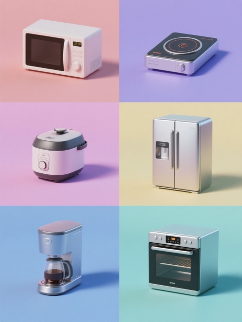 软3D风格的厨房家电系列素材集合，六个完全不同元素内容的规整排布，纯色背景，整体变换色彩，包含微波炉、电磁炉、电饭煲、冰箱、咖啡机、烤箱，每个家电都有光滑的金属质感和简洁的线条设计，高光和阴影自然过渡，展现出现代简约的厨房电器形象预览效果