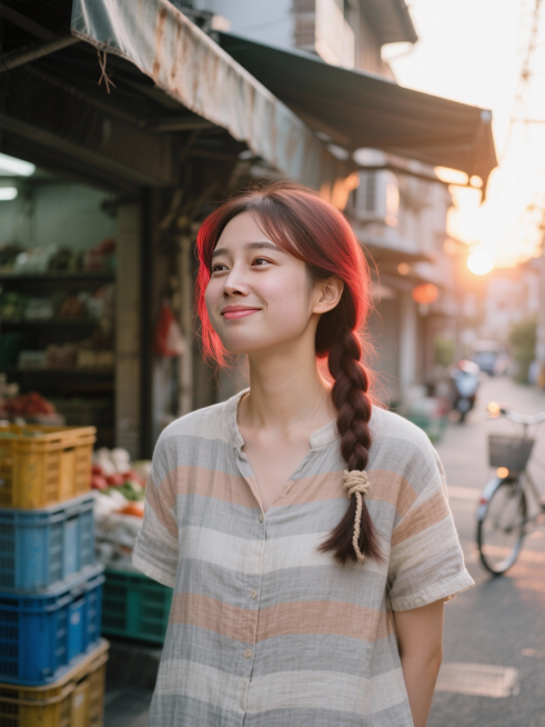场景创意：夏末傍晚的社区菜场出口 · 刚买完菜，被熟人夸“今天这身真好看”时的羞涩一笑
镜头定格在年轻女子的面部特写，框定自发际线至锁骨上方。她刚从菜篮里抽出一只手，指尖还沾着一点青椒的水珠，腕上挂着预览效果