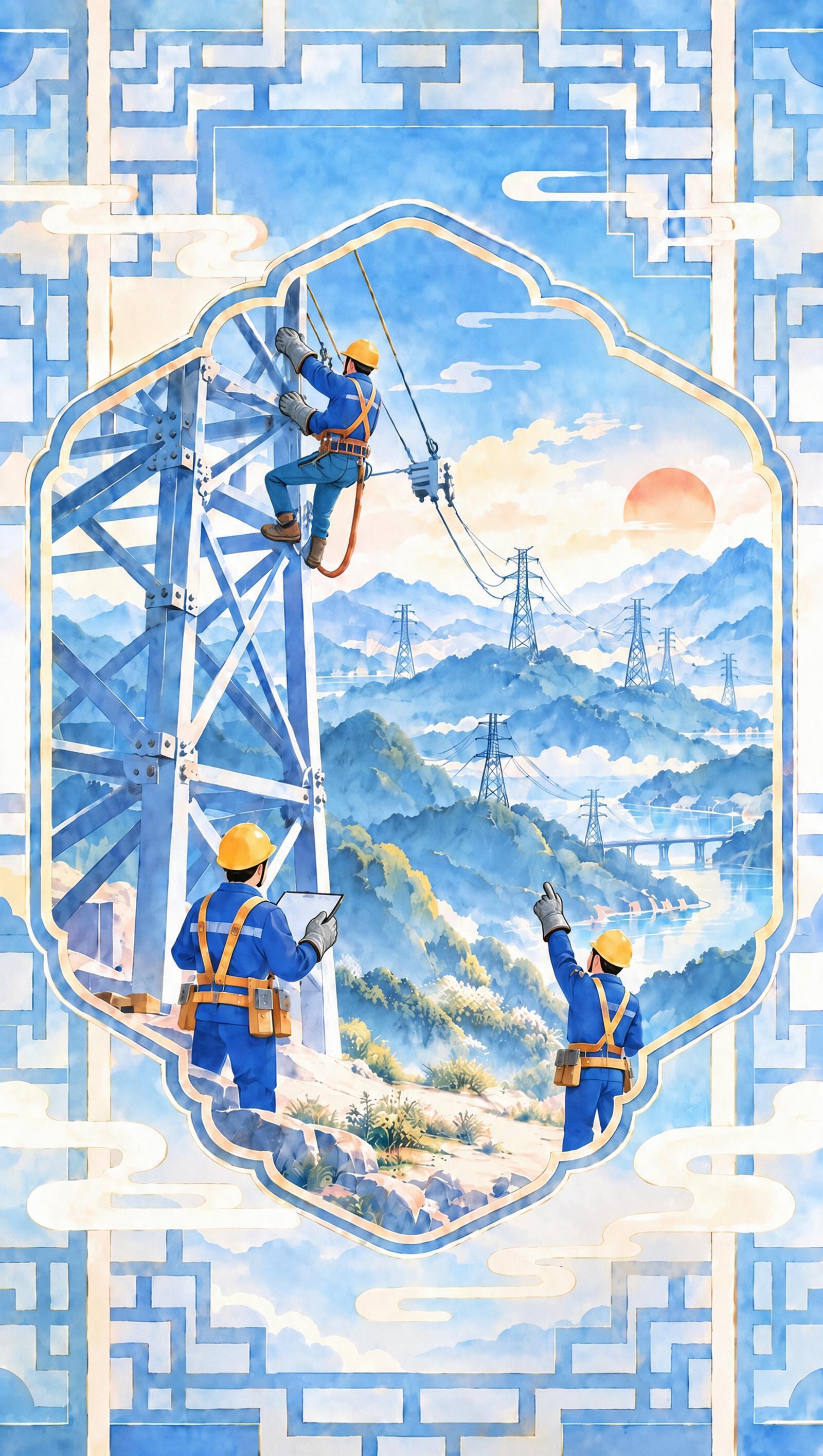 修正铁塔上攀爬操作工的左右手结构，使其手部姿态自然协调、符合攀… - 图片创意预览