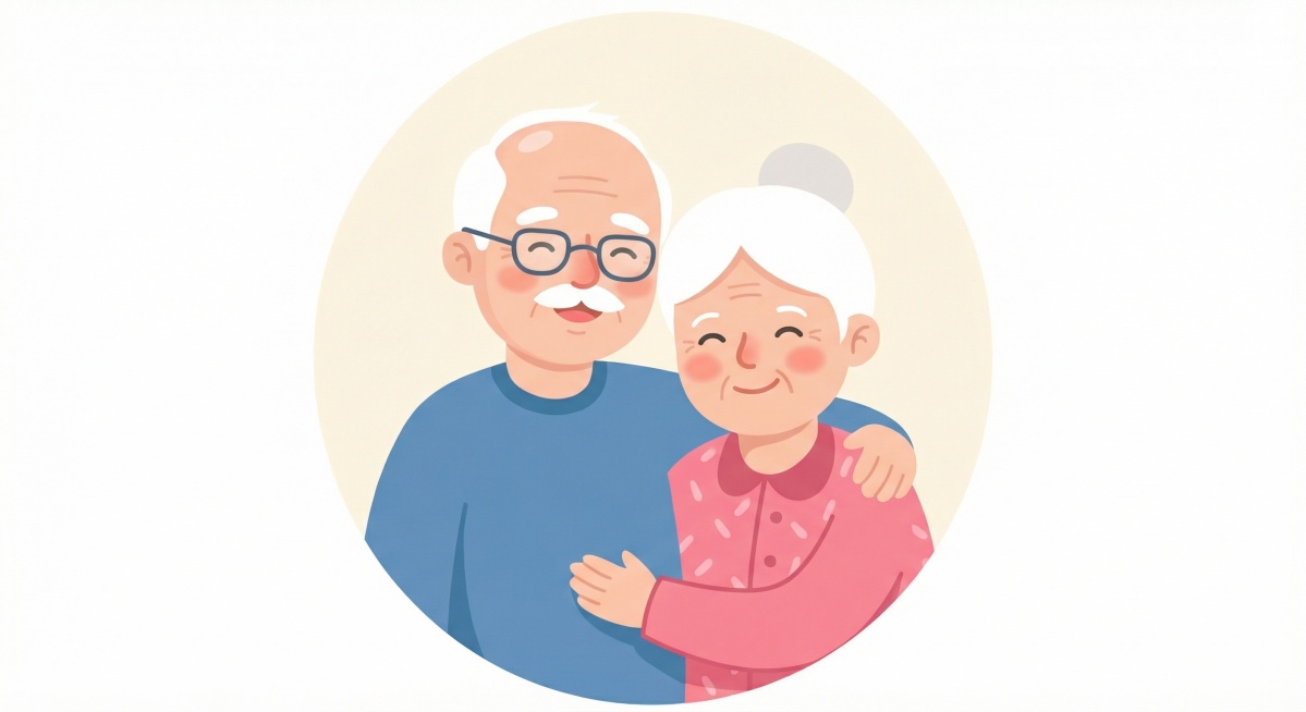 扁平插画风格，一对爷爷奶奶的合影头像，圆形背景，画风和参考图一致预览效果