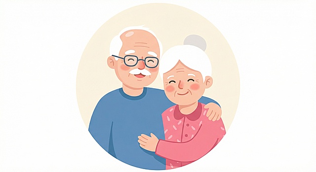 扁平插画风格，一对爷爷奶奶的合影头像，圆形背景，画风和参考图一致