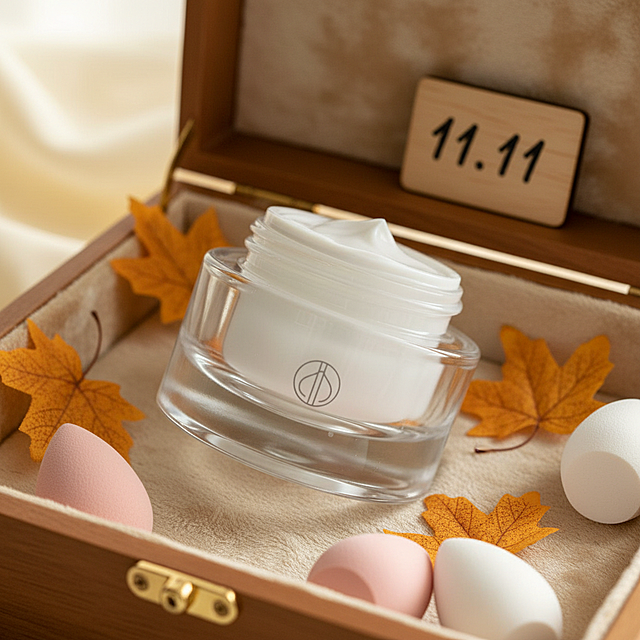 3D重拟物风，玻璃质感瓶身搭配柔软绒布与秋叶，营造温馨柔和的实景氛围，点缀双11节日元素，传递舒适安心的护肤体验。