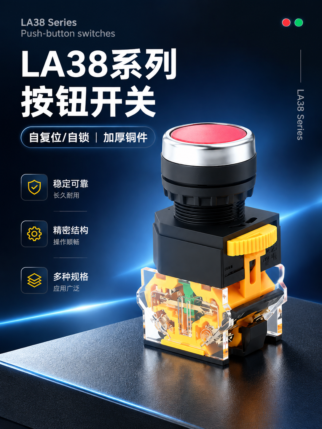 电商详情页第1张-专业头图，LA38系列按钮开关，工业科技风格… - 图片创意预览
