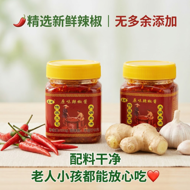 产品垫图，旁边摆放新鲜现摘的红辣椒、生姜、大蒜，一瓶未开封的原味辣椒酱放在旁边，背景干净无杂物，整体色调清新干净。顶部居中放置柔和加粗绿红色文案"🌶️ 精选新鲜辣椒｜无多余添加"，中间居中放置柔和加预览效果