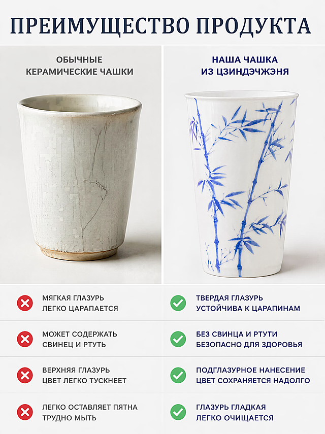 [Extended main image 9] Compare this product with ordinary ceramic cups on the market, highlighting the advantages of this Jingdezhen ceramic cup. Atmosphere is clean and intuitive comparison. Left and right contrast layout: on the left is an ordinary ceramic cup, the glaze is easy to fade and leave scratches; on the right is our blue bamboo ceramic cup, the glaze is smooth and flawless. The product of this cup is completely consistent with the original image in shape, color and pattern. Top title ПРЕИМУЩЕСТВО ПРОДУКТА, the bottom uses tick and cross marks to compare the advantages: our product has hard glaze scratch resistance, no lead and mercury safety, underglaze long-lasting color, easy to clean. 3:4 proportion, 4k resolution, clear and readable text. Negative prompt: deformation, watermark, text confusion, blurred product image, cluttered background.