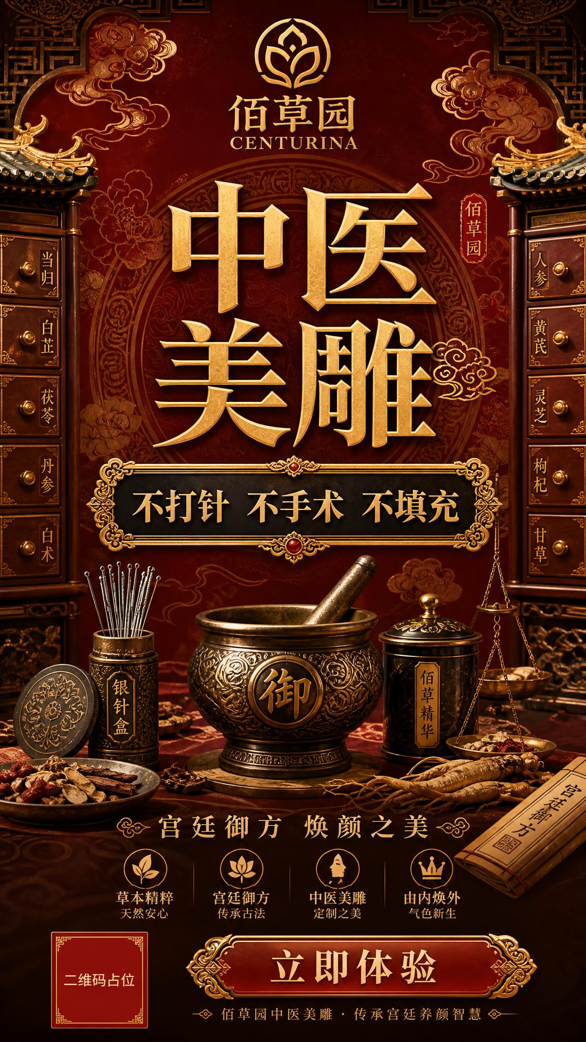 国潮宫廷风格佰草园中医美雕品牌海报，竖版9:16。顶部放置金色… - 图片创意预览