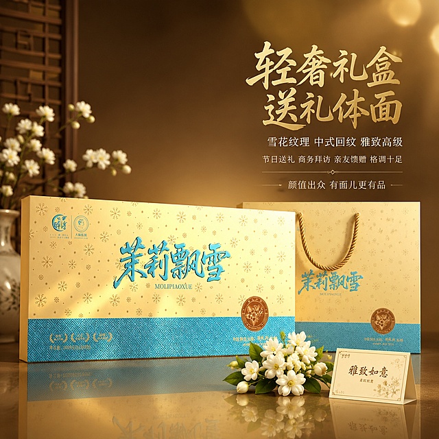 [主图-5] 轻奢礼盒外观 送礼体面大气。
[氛围风格] 高端轻奢送礼场景，雅致有格调，突出礼盒的精致质感和送礼属性。
[画质] 超高清商业摄影质感，高级光影，礼盒质感表现极致。
[元素] 茉莉飘雪礼盒正面完整展示，居中偏左放置，呈微仰视角度，显得庄重有分量。礼盒旁边搭配一个精致的中式礼品袋，与礼盒同色系。前方放置一小束新鲜茉莉花作为装饰，旁边有一张小小的中式贺卡。背景为深香槟色渐变，右上角有柔和的光晕效果，营造高端氛围。地面有礼盒的清晰倒影，增加高级感。**保持礼盒外观（即物理结构、材质质感、颜色、雪花纹理、蓝色书法字、回纹压纹、圆形印章）与输入产品图绝对一致，杜绝任何变形和色差，精细化处理**。礼盒主体占比约60%。
[光影] 高端影棚布光，主光从左上照射，礼盒正面受光均匀，边缘有轮廓光，底部有柔和倒影，光比控制得当，高级感十足。
[配色] 主色调深香槟金、米金；辅助色湖蓝、茉莉白、暖金。
[视角构图] 微仰视平视角度，礼盒为绝对视觉中心，左右对称中有变化，景深较浅，背景简洁突出主体。
[文字版式] 右侧负空间右对齐，主标题大字「轻奢礼盒 送礼体面」，金色粗体书法风格，字号最大；副标题「雪花纹理 中式回纹 雅致高级」，白色细宋体，字号约为标题的1/2；下方辅助文案「节日送礼 商务拜访 亲友馈赠 格调十足」，浅金色细黑体，字号更小。底部有一行小字「颜值出众 有面儿更有品」。文字清晰不遮挡主体。
[输出要求] 1:1比例，文字清晰锐利，超高清商业摄影质感。
[负向提示词] 变形，文字错乱，产品图模糊，背景杂乱，水印，电商平台Logo，多余的手，畸形手。
