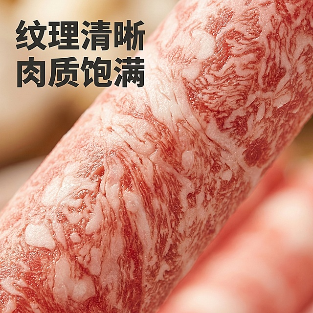[主图 3] 细节展示，微距放大羊肉纹理突出肉质饱满
[氛围/风格] 微距特写风格，暖光自然，突出肉质细腻纹理
[画面元素] 放大展示羊肉卷横截面的大理石纹理，纹理清晰，脂肪分布均匀，肉质粉嫩饱满，背景虚化突出纹理细节，保持产品本质特征和原图一致
[配色色系] 主色调：粉嫩肉色，奶白脂肪；背景浅虚化暖调
[视角构图] 特写俯视构图，主体纹理铺满画面
[文字版式] 左上角文字“纹理清晰 肉质饱满”，粗体深灰色清晰醒目，文字不遮挡核心纹理区域
[比例分辨率] 1:1比例，2k分辨率，保持产品本质特征和原图一致