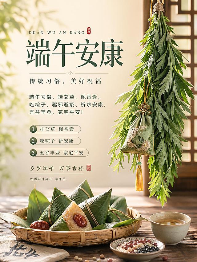 大气温暖的端午节日海报，适合社群和朋友圈传播，风格简单大气温暖，配色以淡雅青绿色和暖米色为主。主标题"端午安康"，副标题"传统习俗，美好祝福"，完整保留文字："端午习俗，挂艾草、佩香囊，吃粽子，驱邪避疫、祈求安康，五谷丰登、家宅平安！"，卖点标注：①挂艾草 佩香囊 ②吃粽子 祈安康 ③五谷丰登 家宅平安，装饰文案"岁岁端午 万事吉祥"。画面搭配传统端午元素，摆放新鲜艾草、香囊和粽子，背景是简约温馨的国风场景，自然光温暖柔和，版式精美，文字清晰，整体氛围安静祥和温暖大气，写实国风摄影风格