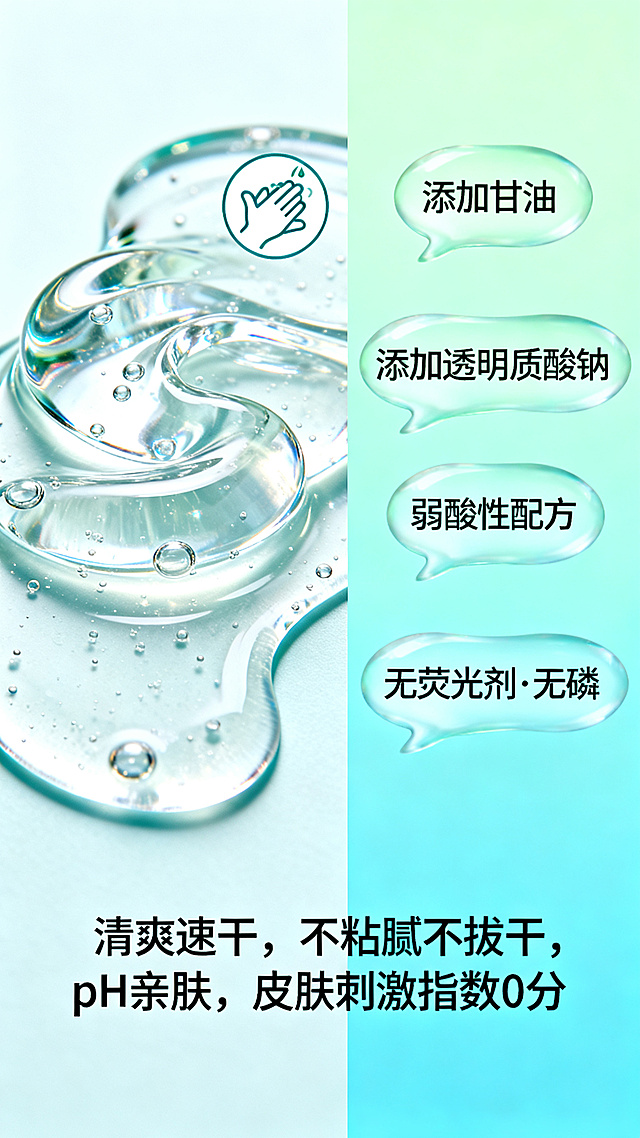 滴露免洗洗手液电商详情页第四张，竖版，核心卖点展示。左右分栏结构，背景浅蓝绿渐变，清爽风格。左侧展示滴露洗手液凝胶质地特写，呈现透明流动感，添加手部揉搓图标。右侧四个气泡框分别标注成分：添加甘油、添加透明质酸钠、弱酸性配方、无荧光剂 · 无磷。底部文案写着'清爽速干，不粘腻不拔干，pH亲肤，皮肤刺激指数0分'。清爽干净的电商设计风格。