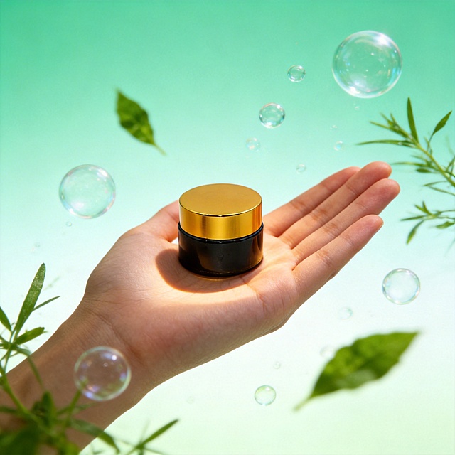 将背景替换为浅薄荷绿渐变，添加透明气泡与草本叶片元素，改为手持使用场景特写，用动态光影突出掌心大小的便携设计，调整为高饱和度、高对比度的清新明快色调，进行商业精修