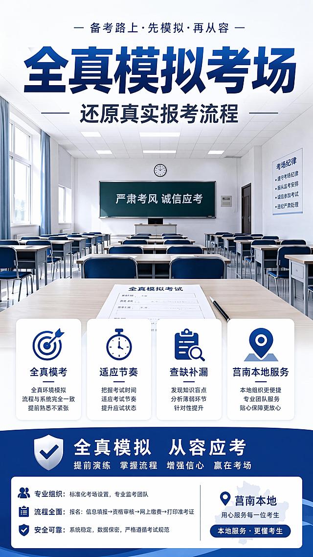 报考全真模拟考场宣传海报，严肃专业风格。主标题"全真模拟考场"，副标题"还原真实报考流程"，卖点：全真模考，适应节奏，查缺补漏，莒南本地服务，画面比例9:16，排版精美，背景使用标准考场教室场景，庄重蓝白配色，文字清晰层级分明，所有文案完整展示